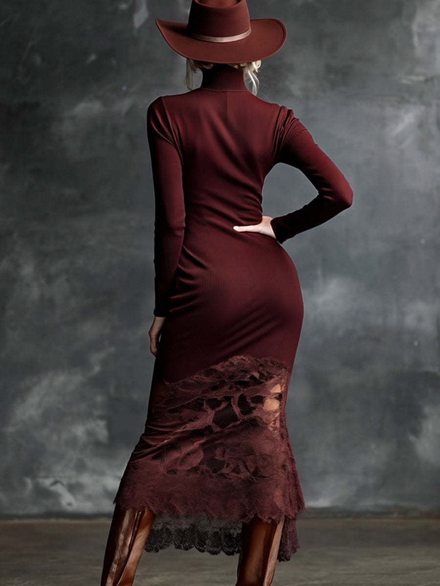 Elegantes Midikleid aus Rippstrick mit Spitzeneinsätzen und Stehkragen