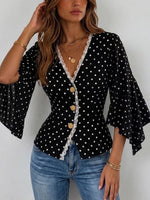 Polka-dot Top With Lace Splicing, V-neck, Single-breasted Closure, And Three-quarter Length Flared Sleeves
