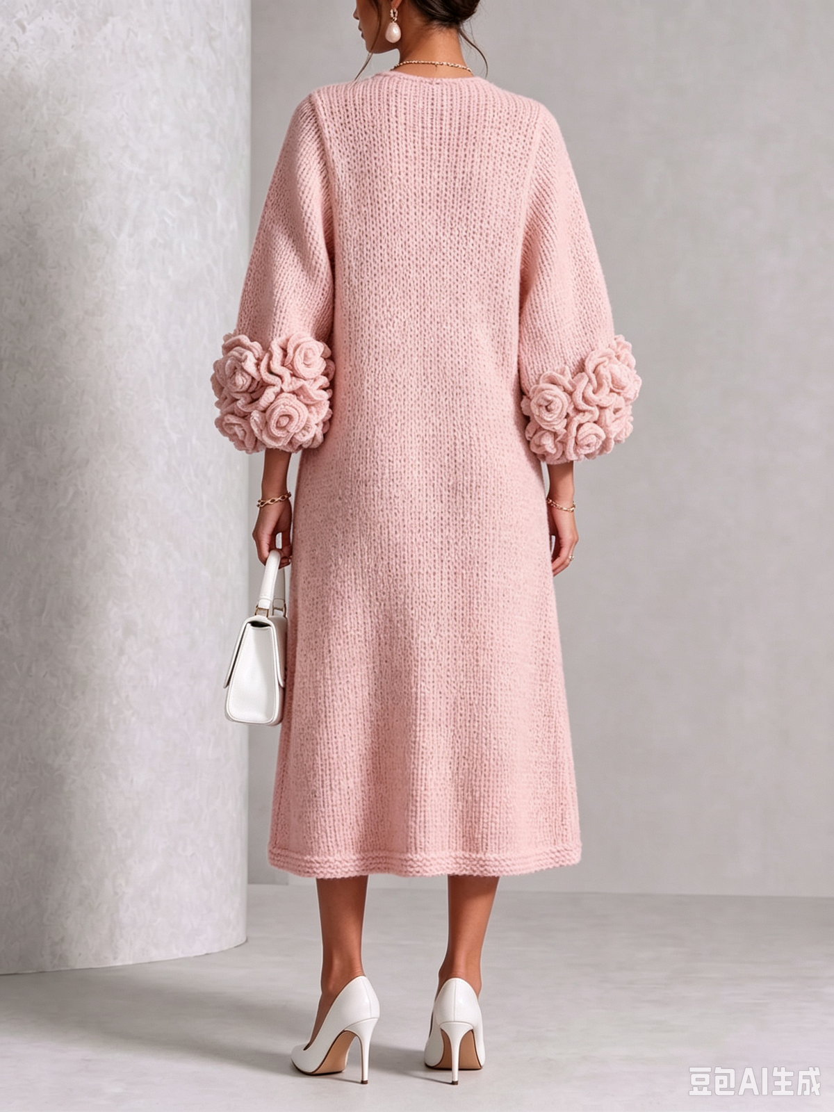 Chic Rose Pink Floral Accented Knit Midi Dress