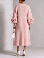 Chic Rose Pink Floral Accented Knit Midi Dress