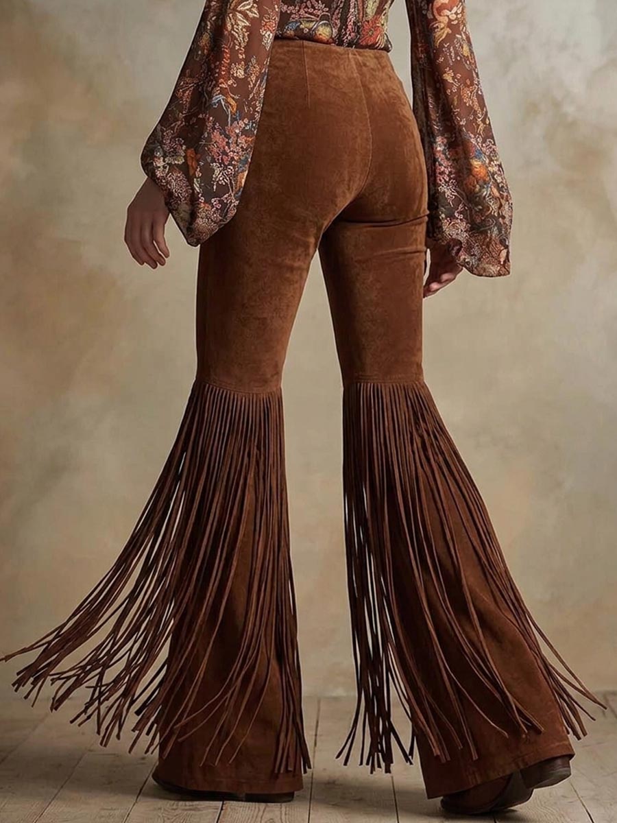Pantalones acampanados con flecos de ante sintético occidental para mujer