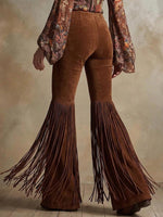 Pantalones acampanados con flecos de ante sintético occidental para mujer
