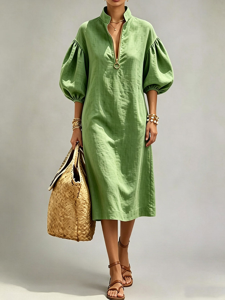 Women's Solid Color 3/4 Neck Long Sleeve Casual Loose Cotton Linen Dress