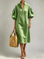 Women's Solid Color 3/4 Neck Long Sleeve Casual Loose Cotton Linen Dress