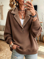 Relaxed Boho Faux Fur Collar Brown Sweatshirt Pullover