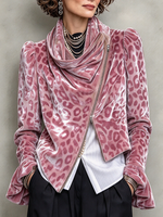 Chaqueta elegante con cremallera asimétrica de terciopelo de leopardo rosa