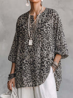 Women's Abstract Print Crew Neck 3/4 Sleeve Casual Loose Cotton Linen Top