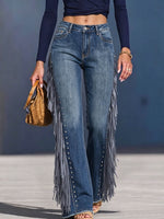 Women's High-waisted Loose-fit Wide-leg Denim Pants With Tassels And Studs