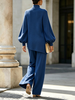 Relaxed Royal Blue Ribbed Knit Wide-leg Pants