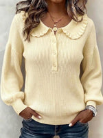 Ruffled Ribbed Knit Sweater With Partial Button Placket