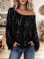 Maglione da donna decorato con soffici paillettes monospalla