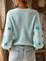 Chic Mint Green Floral Accented V-Neck Sweater