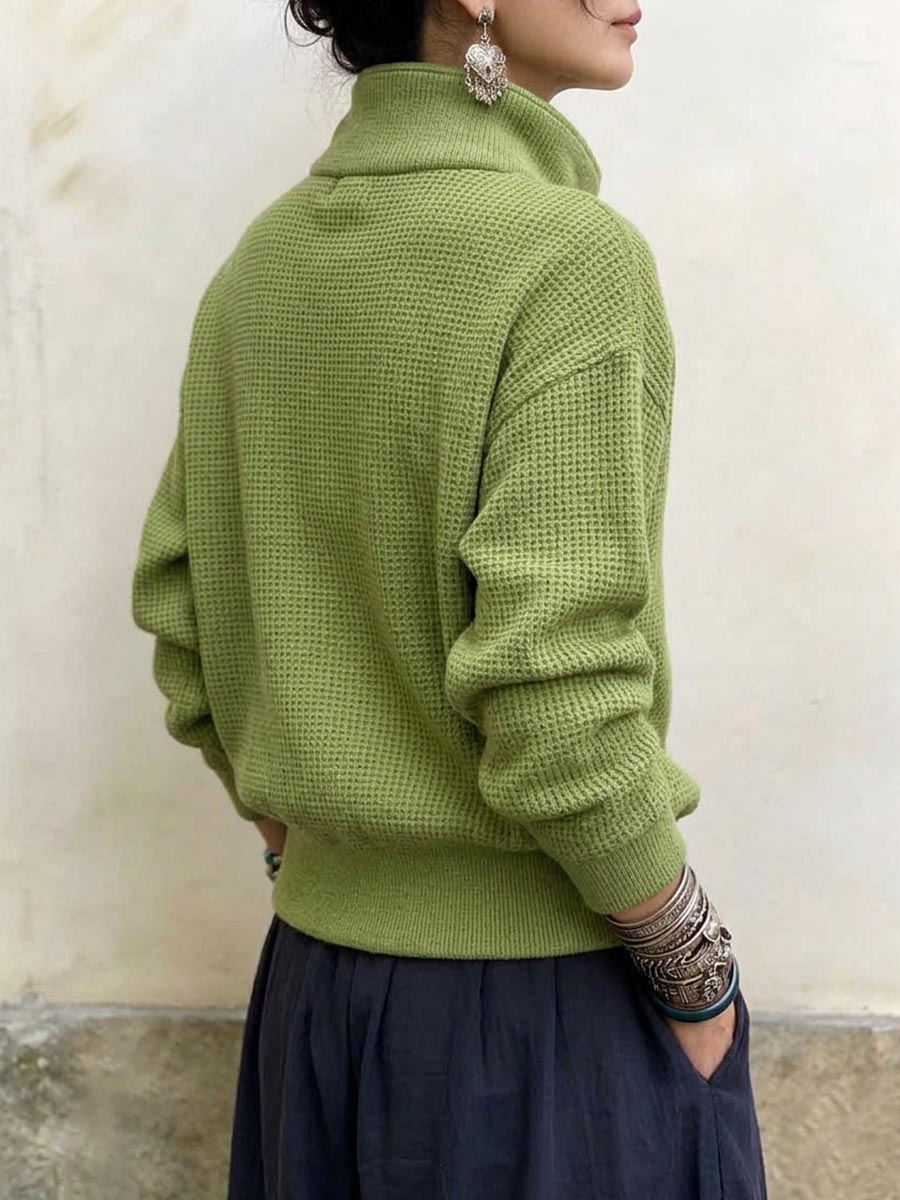 Asymmetrischer Waffelstrickpullover mit Knopfkragen für Damen