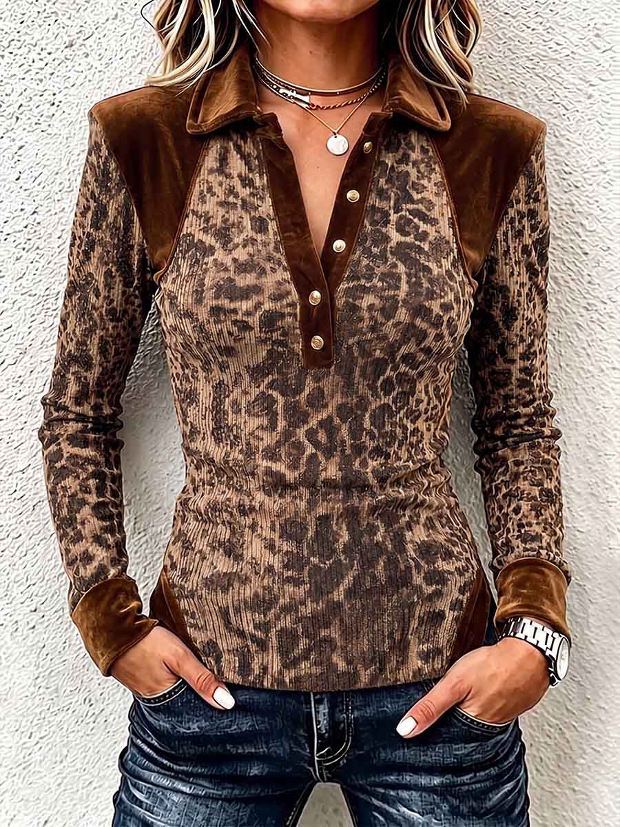 Women's Long-sleeve Slim-fit Velvet Top With Leopard Print Knit Panels And Collar