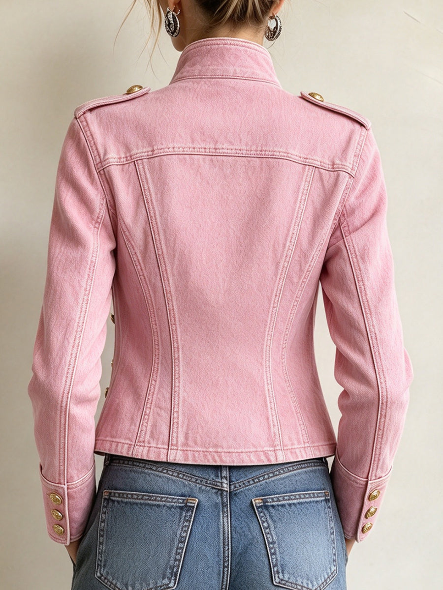 Giacca casual in denim rosa in stile militare