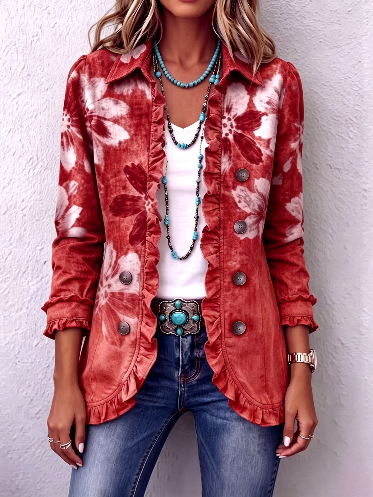 Boho-chic Vintage-inspired Floral Ruffle Jacket