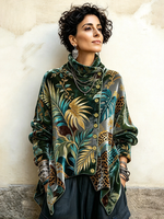 Ŝika Tropika Palmo Kaj Leoparda Presaĵo Nesimetria Turtleneck Top