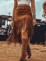 Women's High-waisted Casual Loose Suede Tassel Skirt