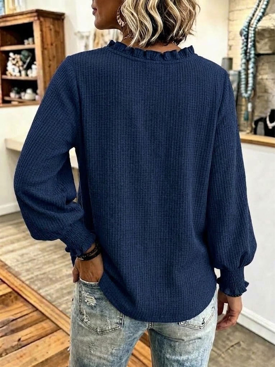 Top casual con scollo a V e bottoni arricciati sul davanti