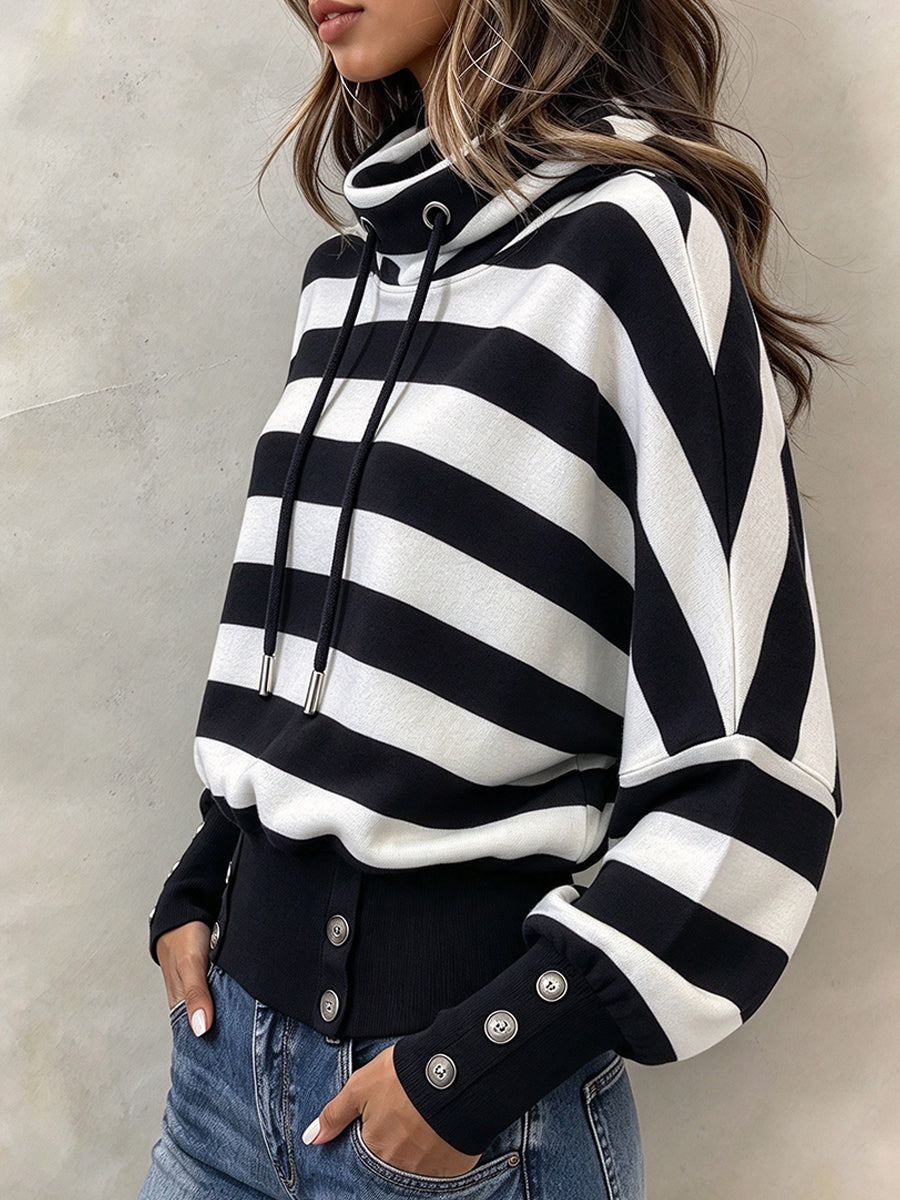 Casual Striped Funnel-neck Drawstring Sweatshirt