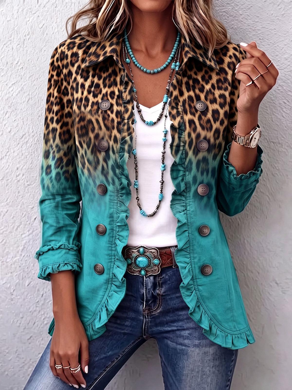 Bold Boho Leopard & Teal Ruffle Blazer Jacket