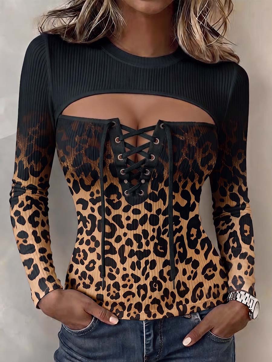 Virina Gradienta Leoparda Presaĵo Eltranĉita Kreba Kolo Laĉa Longa maniko Svelt-konforma Casuala Supraĵo