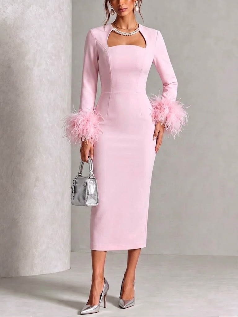 Square-neck, Long-sleeve, High-waisted, Slimming Dress With Feather Embellishment