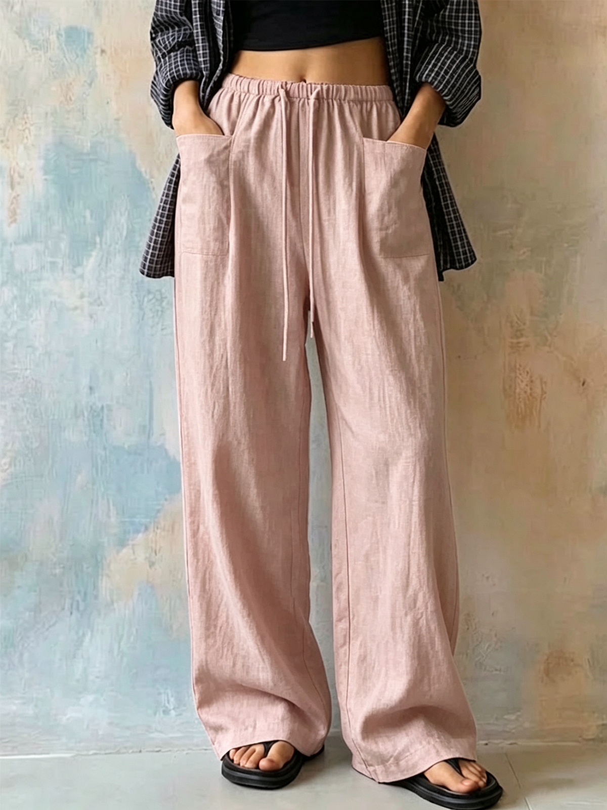 Women's Solid-color High-waisted Wide-leg Casual Pants With Drawstring