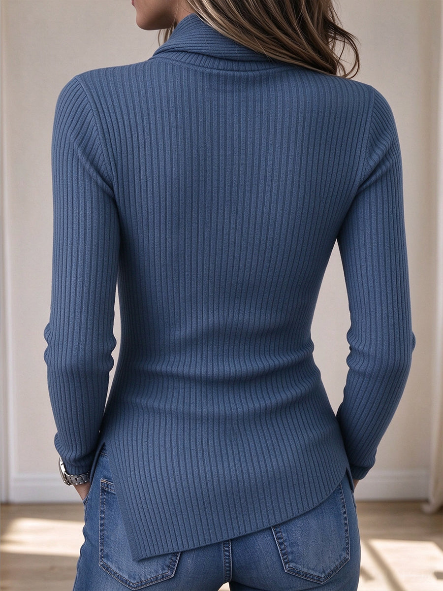 Ŝika Ribbed Knit Top with Integrated Skarp Dekoltaĵo