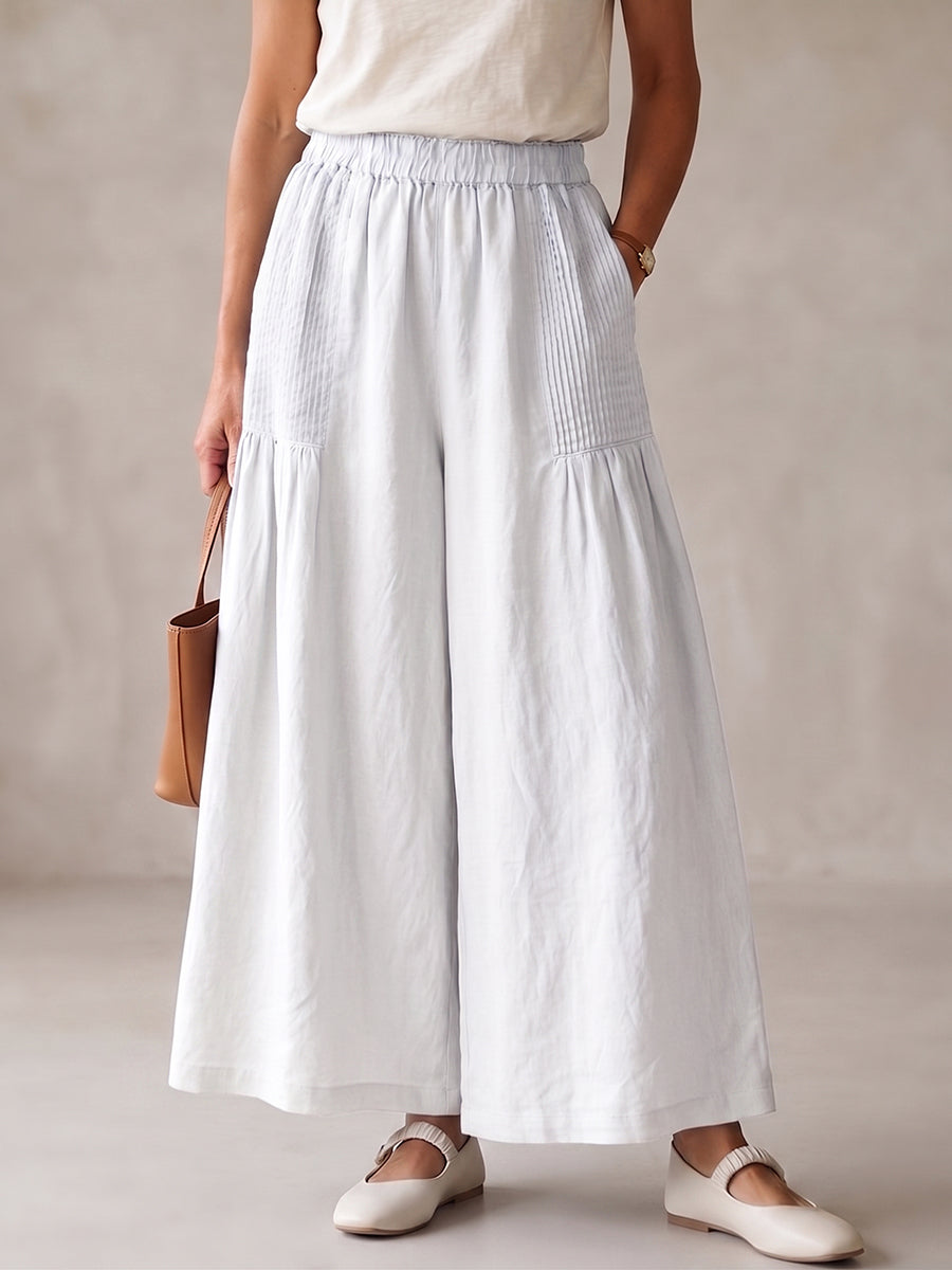Damen-Hose im Vintage-Stil, plissiert, aus Baumwoll-Leinen, mit weitem Bein