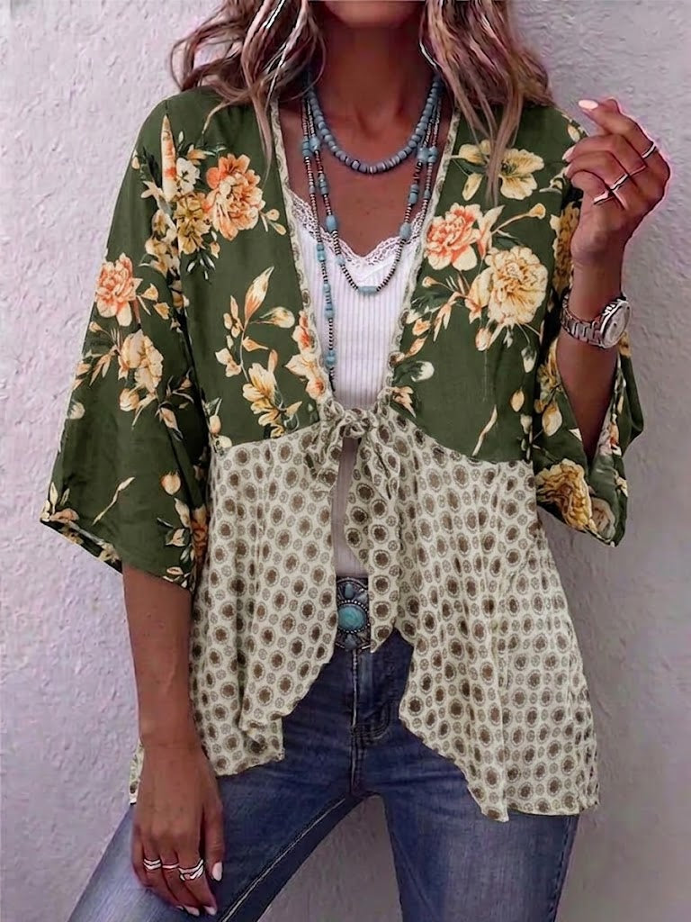 Floral & Dot Spliced V-neck Tie Front 3/4 Sleeve Blouse