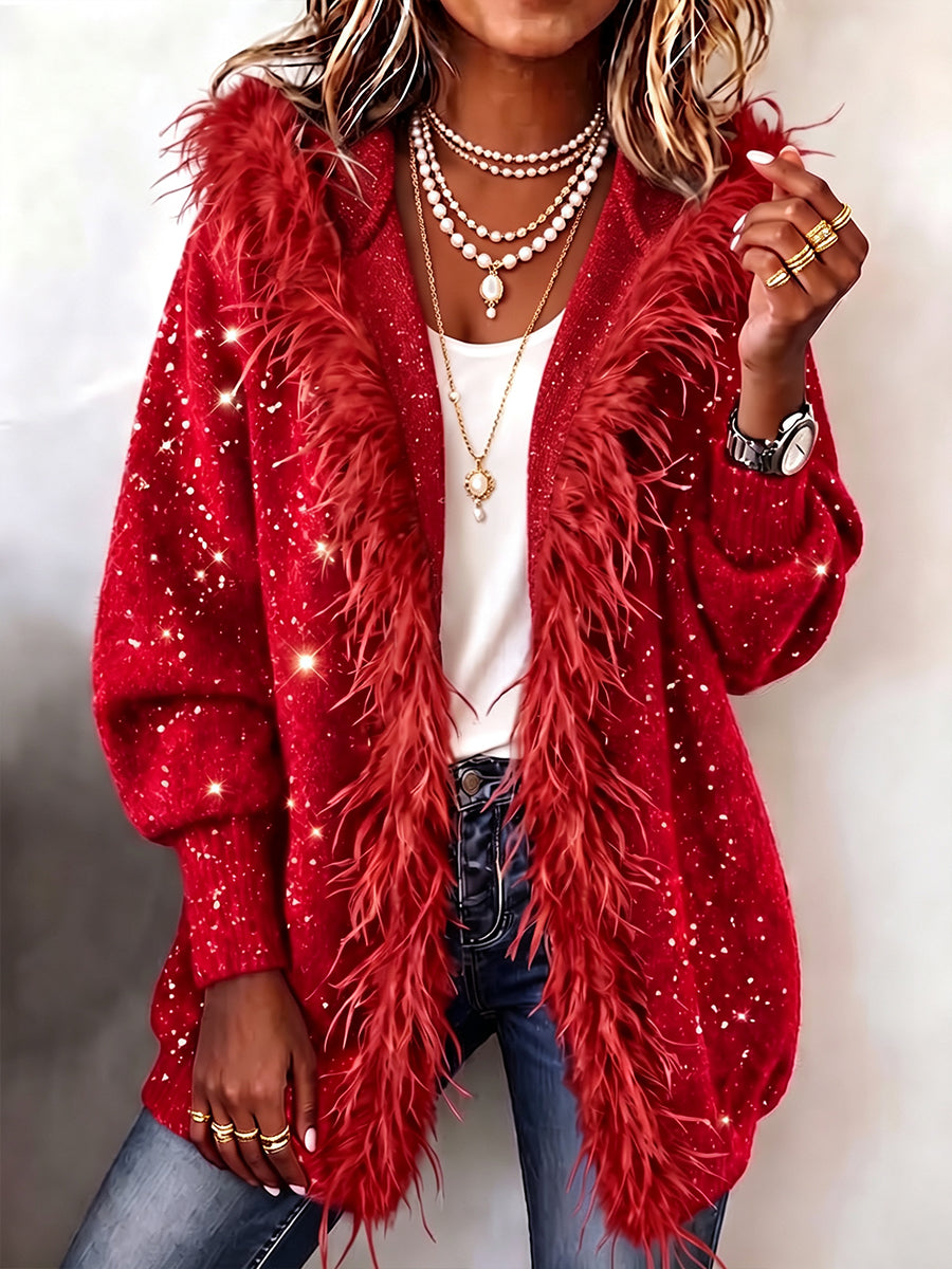 Cozy Feather-Trimmed Glitter Knit Cardigan