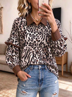 Women's Leopard Print Button-Down Blouse with Ruffle Sleeves