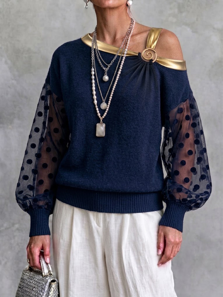 One-Shoulder-Strickoberteil mit gepunktetem Mesh-Einsatz