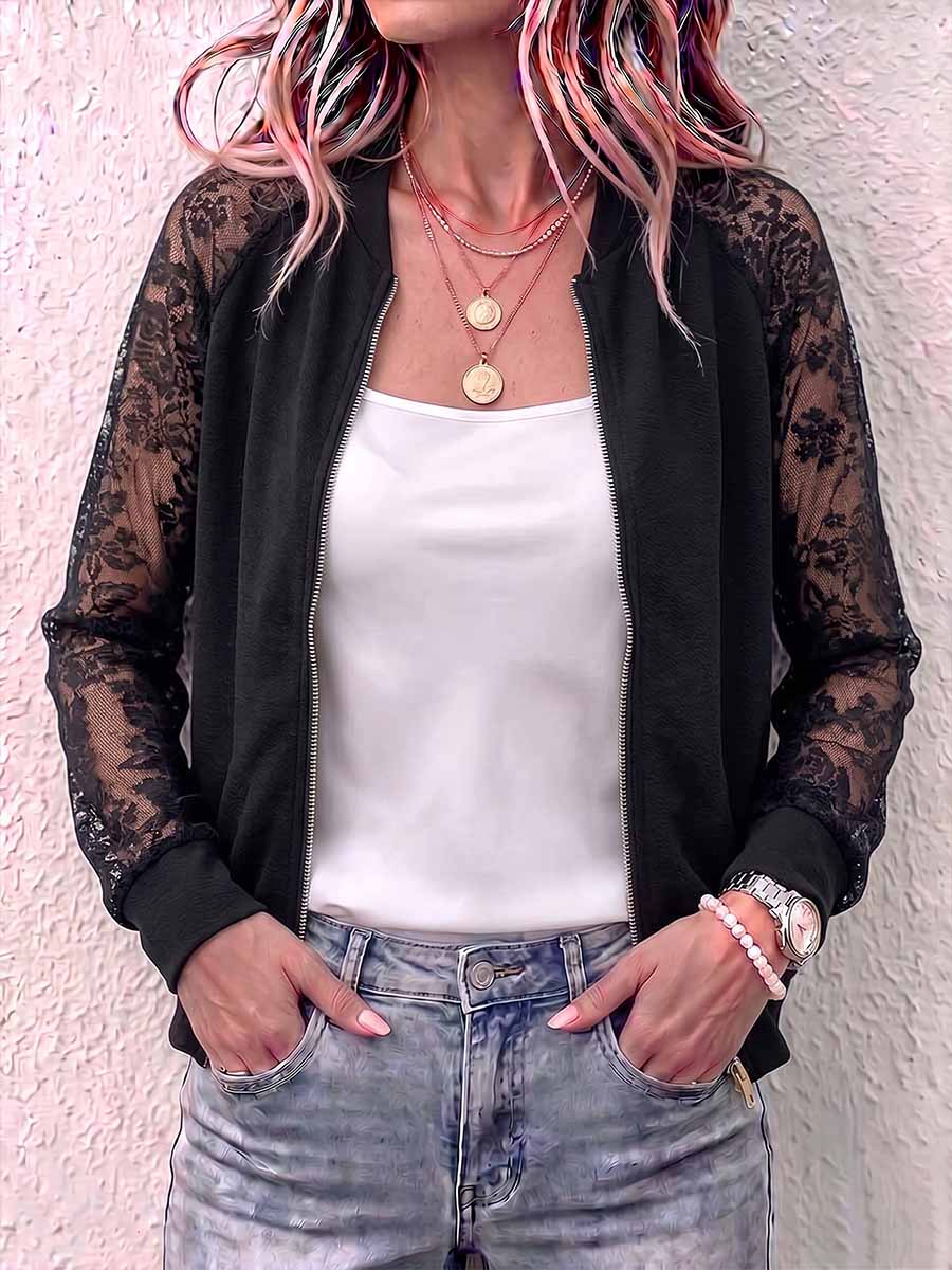 Women's Solid Color Stand Collar Long Sleeve Casual Loose Lace-trimmed Cardigan
