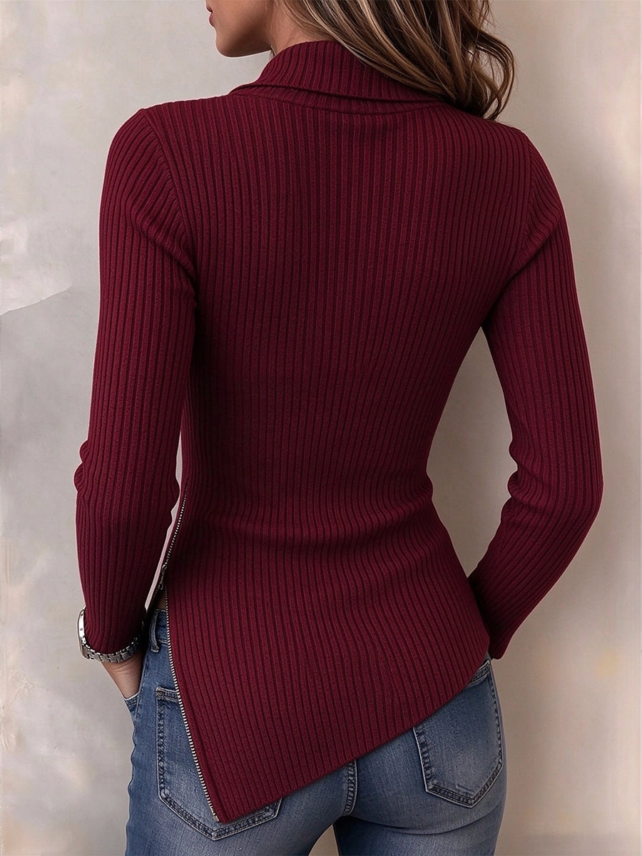 Ŝika Ribbed Duon-Zip Malsimetria Borda Pulovero
