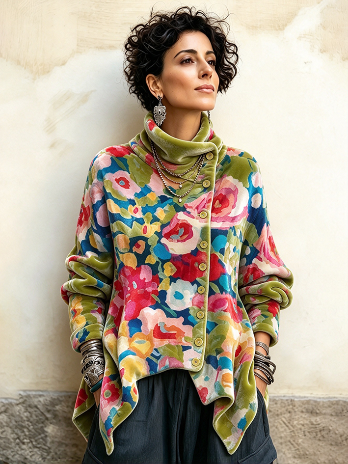 Vintage Flora Presaĵo Malsimetria Butono Turtleneck Top