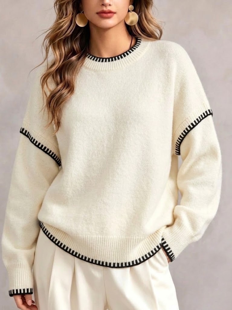 Contrast Stitching Crew Neck Drop‑shoulder Oversized Knit Sweater