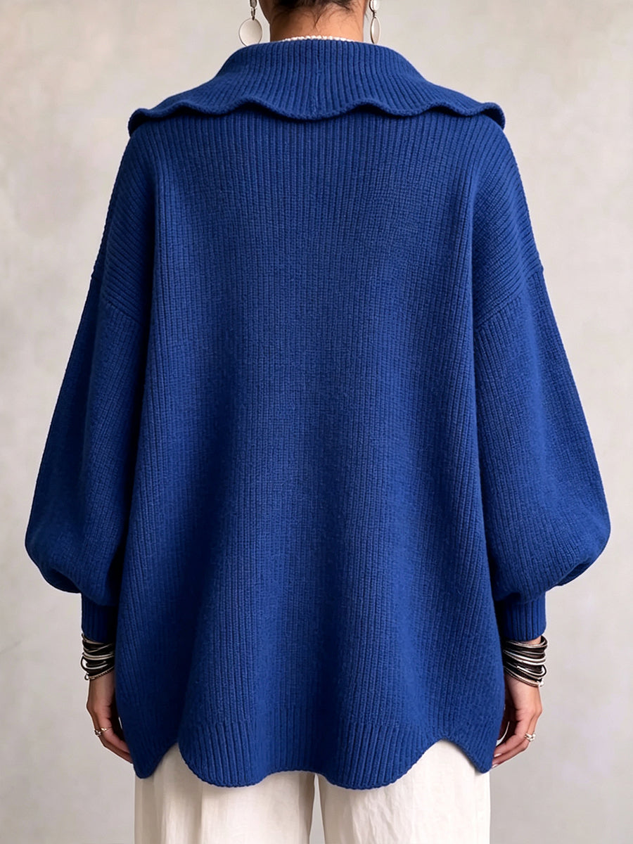 Relaxed Royal Blue Scalloped Knit Cardigan
