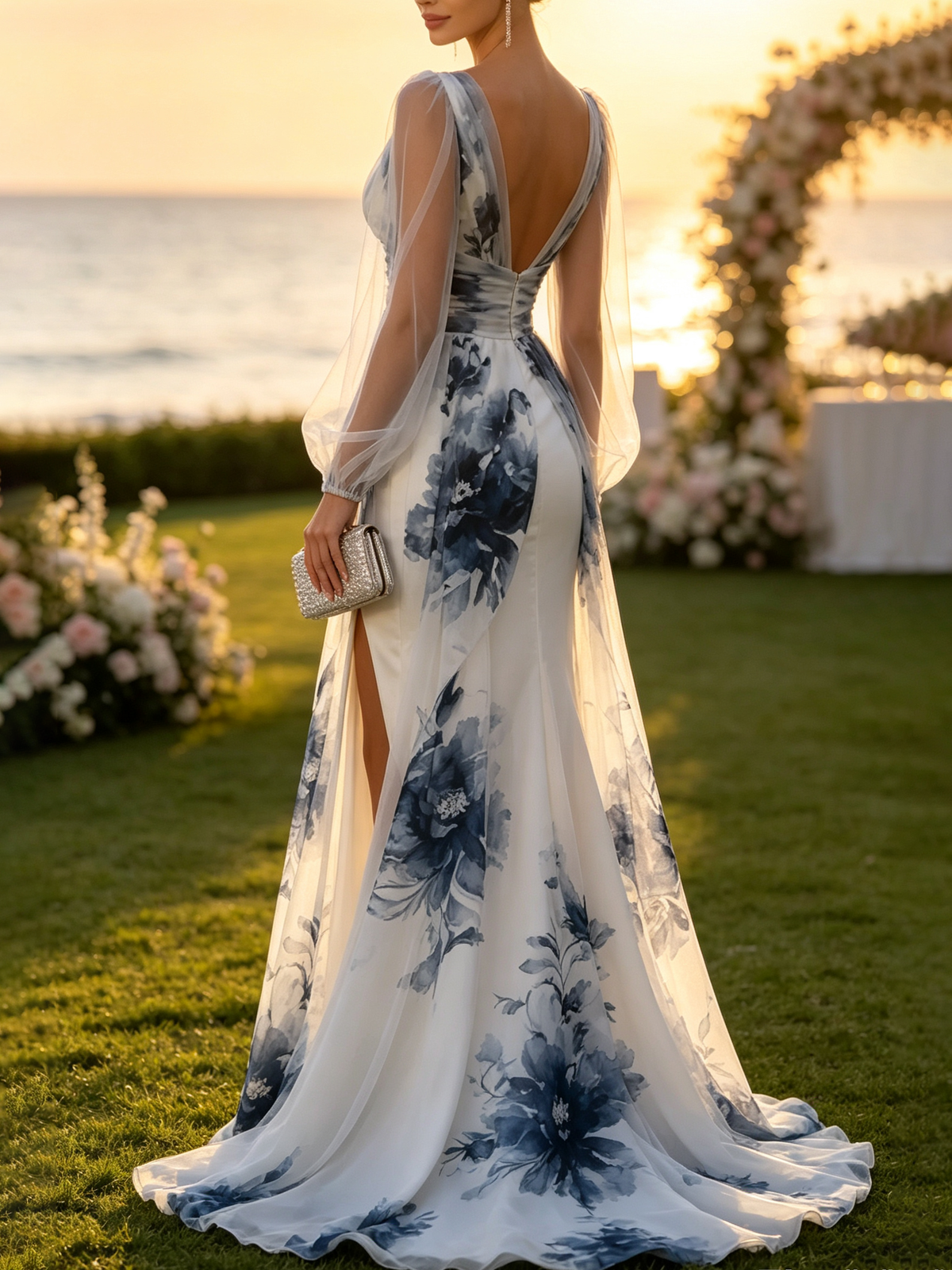 Elegant Ink-wash Print V-neck Slit Evening Dress