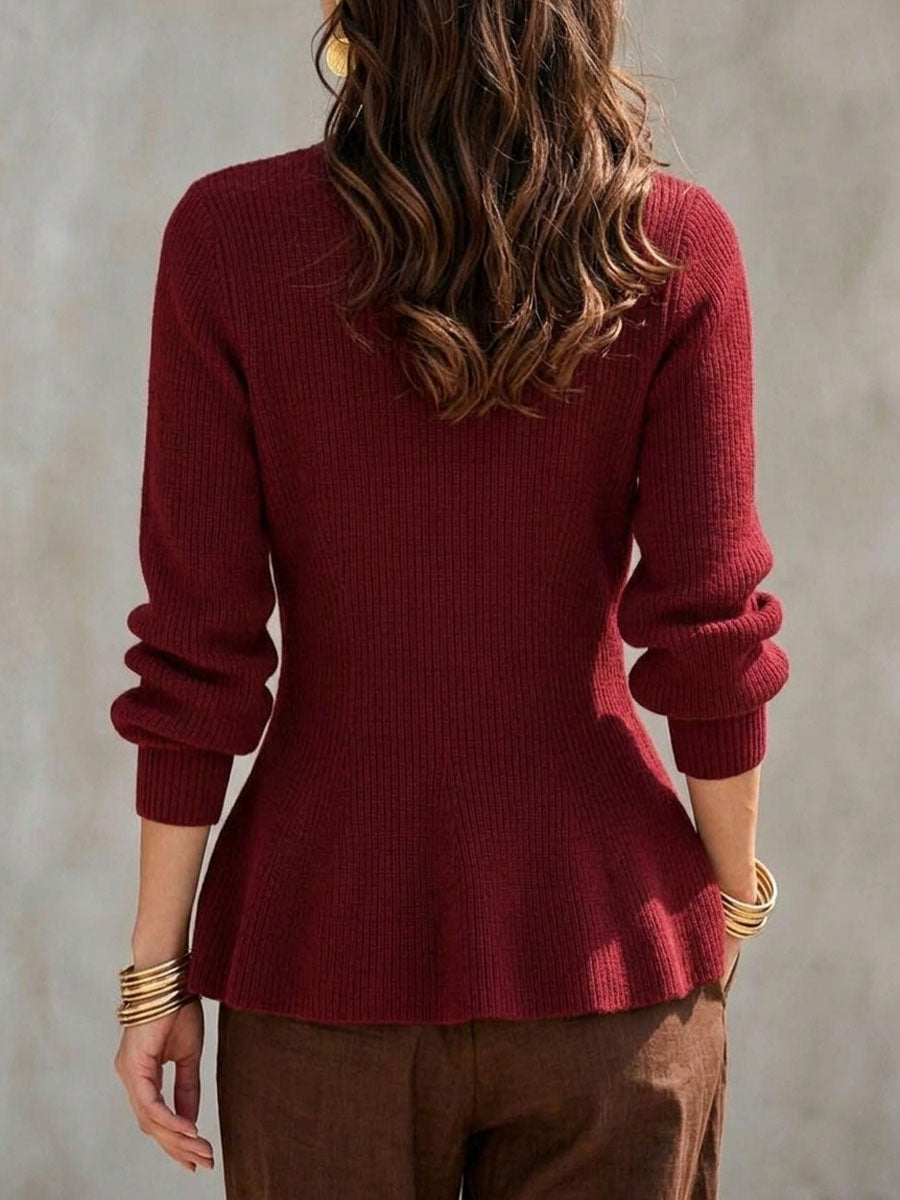 Maglione peplo con bottoni asimmetrici in maglia a coste con scollo a V da donna