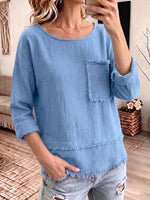 Women's Solid Color Crew Neck Long-sleeve Loose Casual Cotton-linen Top With Tassels