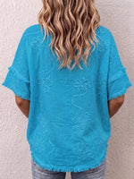 Women's Solid Color Ruffled V-neck Casual Loose Textured Cotton And Linen Top