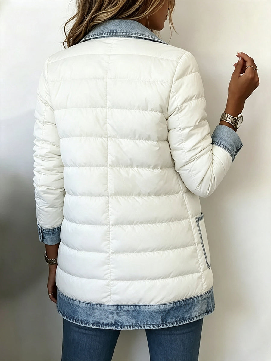 Modern Denim-Spliced Quilted Puffer Jacket