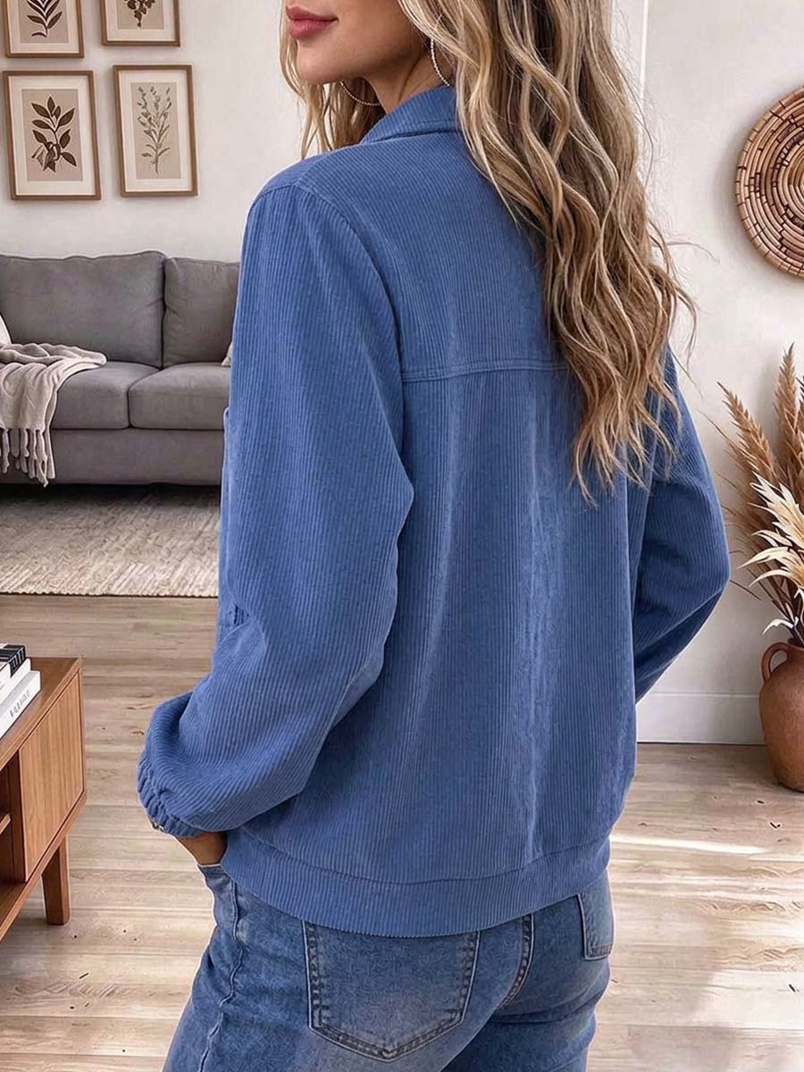 Giacca casual da donna con zip in velluto a coste blu con tasca sul petto