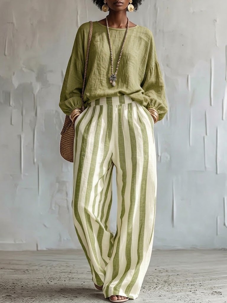 Comfortable Classic Striped Cotton-linen Two-piece Set