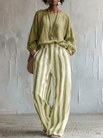 Comfortable Classic Striped Cotton-linen Two-piece Set