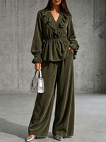V-neck Ruffled Corduroy Wide-leg Pants Set