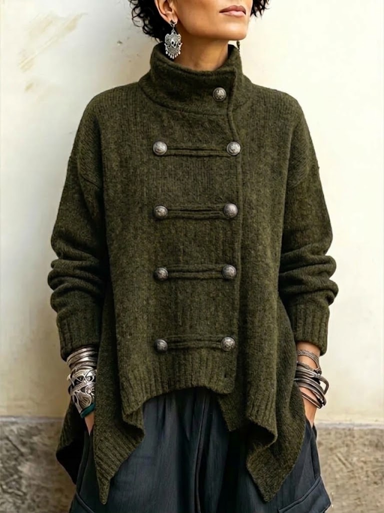 Cardigan a collo alto, doppiopetto, a maglia grossa con orlo asimmetrico