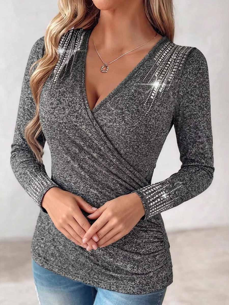 Women's V-Neck Wrap Top with Rhinestone Embellishments